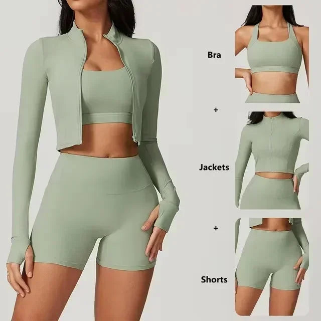 Women's 3-Piece Yoga Set with Bra Jacket Shorts Workout Outfit Naked Feel Fabric for Outdoor Fitness Gym Pilates Activewear