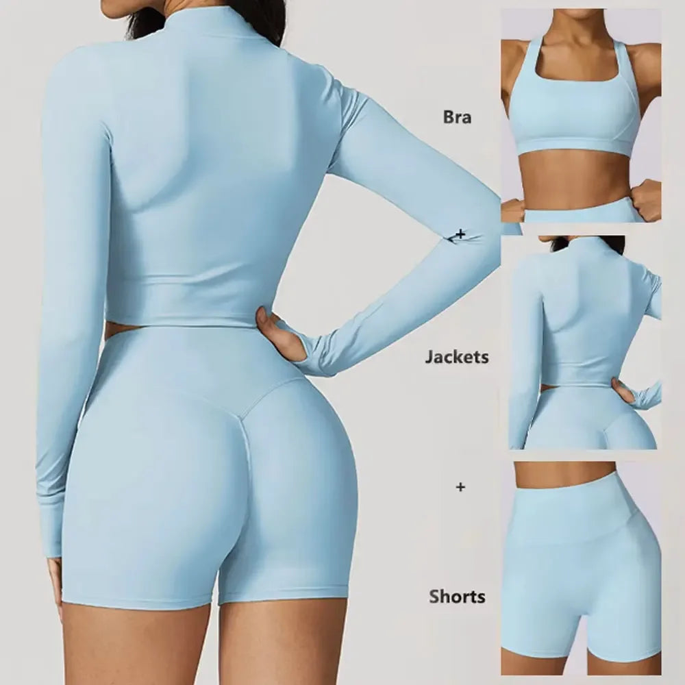 Women's 3-Piece Yoga Set with Bra Jacket Shorts Workout Outfit Naked Feel Fabric for Outdoor Fitness Gym Pilates Activewear