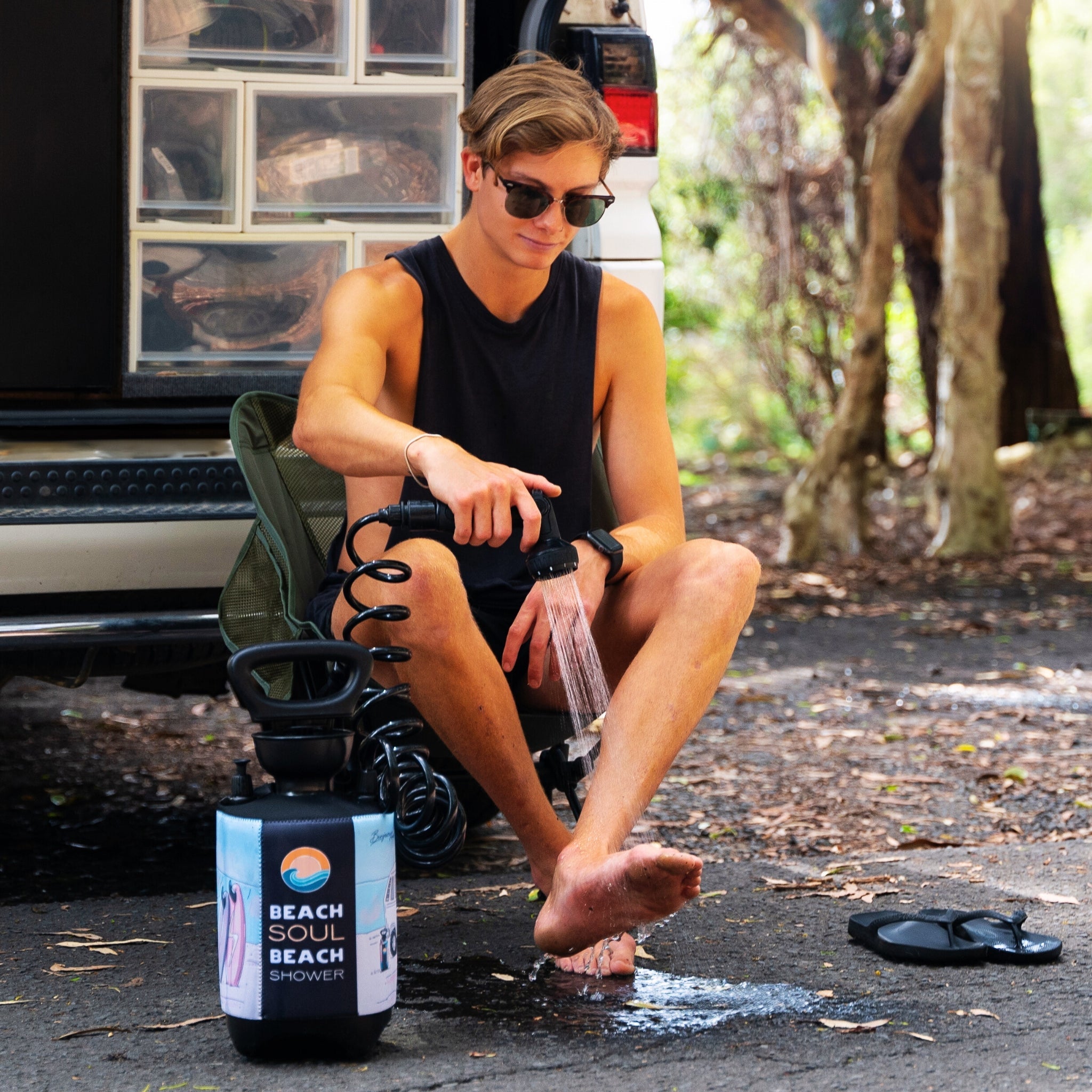 Portable Shower Stoked 5L. The Stoked 5L is a compact, pressurised portable shower designed for outdoor enthusiasts. Featuring a manual hand pump with 10 spray modes, it requires no batteries or power