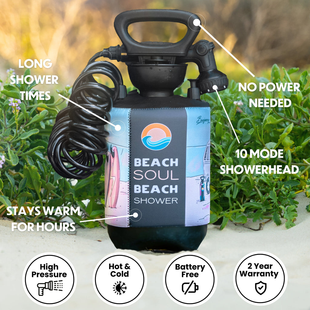 Portable Shower Stoked 5L. The Stoked 5L is a compact, pressurised portable shower designed for outdoor enthusiasts. Featuring a manual hand pump with 10 spray modes, it requires no batteries or power