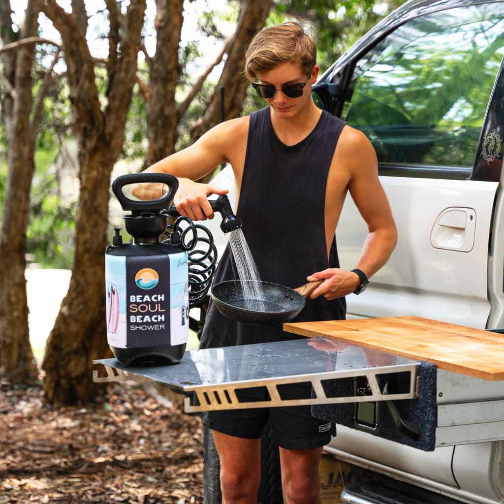 Portable Shower Stoked 5L. The Stoked 5L is a compact, pressurised portable shower designed for outdoor enthusiasts. Featuring a manual hand pump with 10 spray modes, it requires no batteries or power