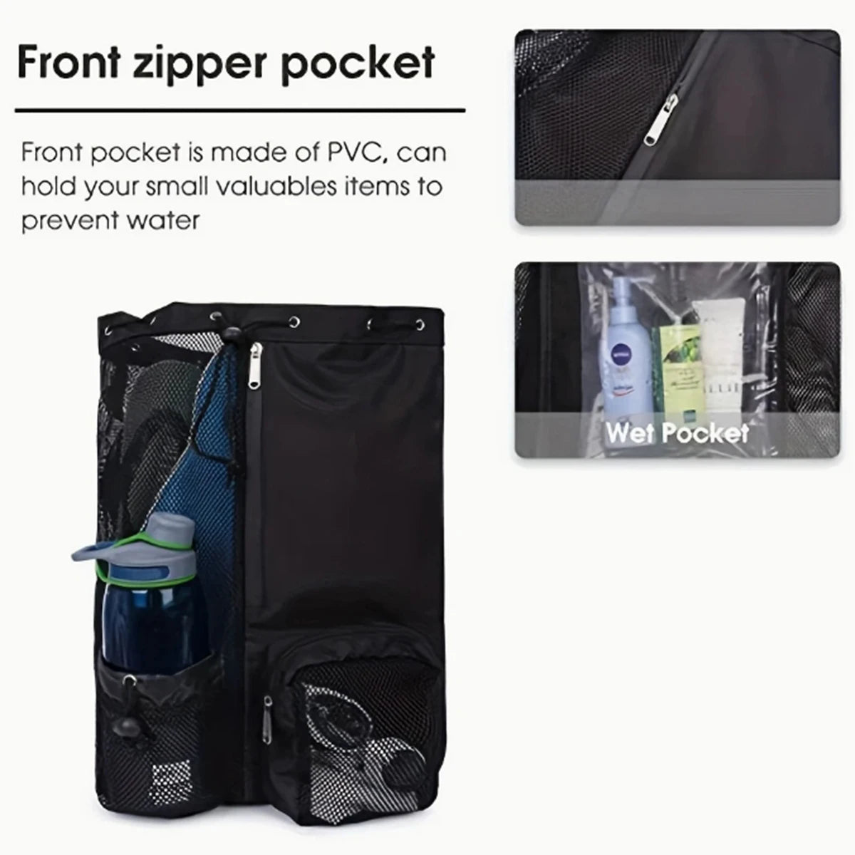 Outdoor beach backpack, swimming bag, mesh perforated drawstring backpack with wet bag, gym yoga exercise storage bag, 1 set