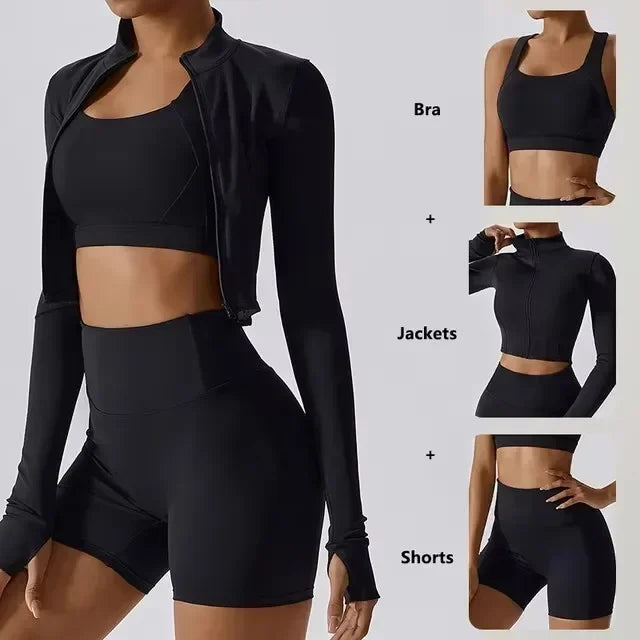Women's 3-Piece Yoga Set with Bra Jacket Shorts Workout Outfit Naked Feel Fabric for Outdoor Fitness Gym Pilates Activewear
