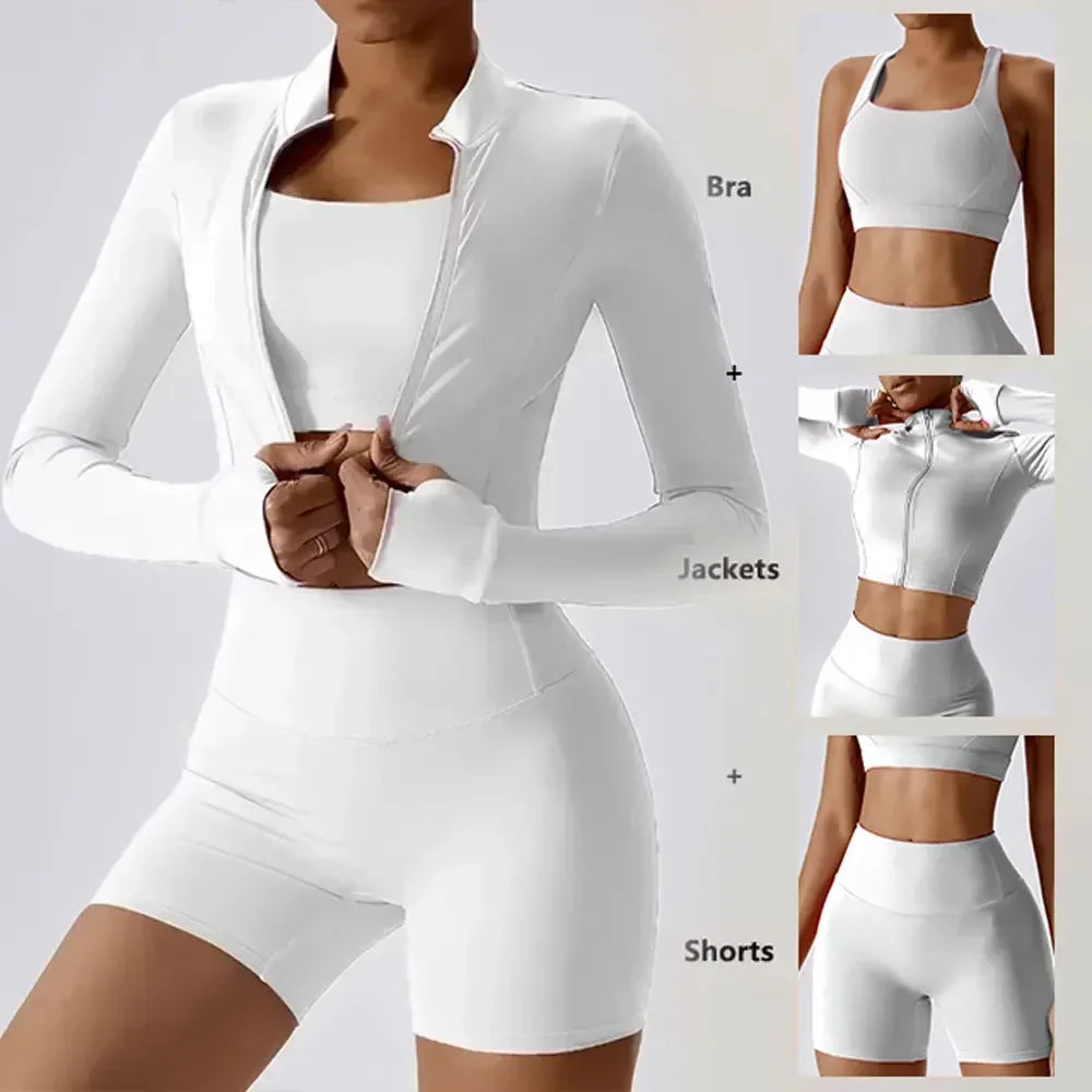 Women's 3-Piece Yoga Set with Bra Jacket Shorts Workout Outfit Naked Feel Fabric for Outdoor Fitness Gym Pilates Activewear