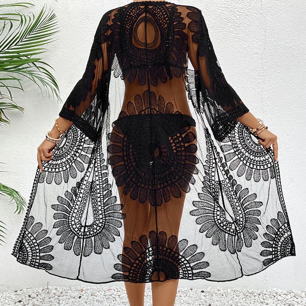 Mesh Flower Bikini Cover Ups for Women Floral Embroidery See-Through Lace Beach Kimono Swimsuit Bathing Suit Summer Clothes