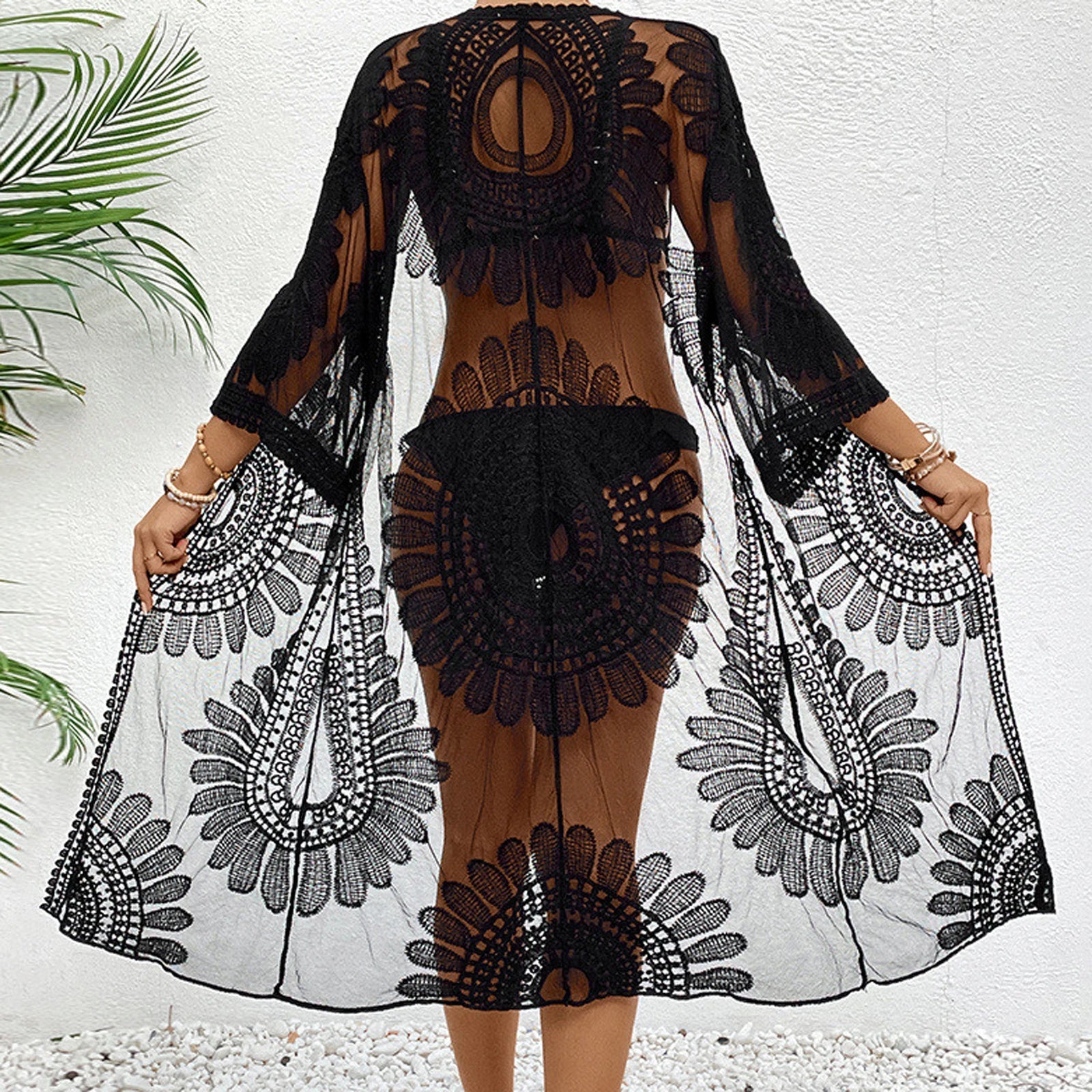 Mesh Flower Bikini Cover Ups for Women Floral Embroidery See-Through Lace Beach Kimono Swimsuit Bathing Suit Summer Clothes